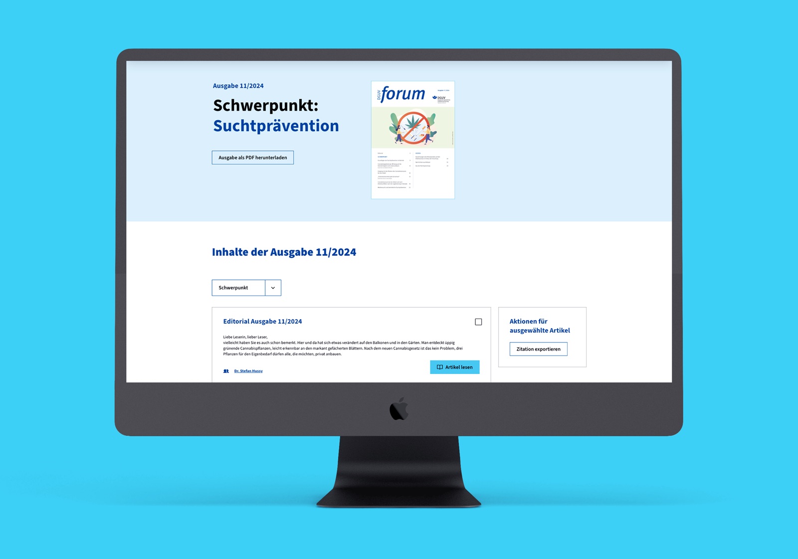Concepts & Pitches: Artikelübersicht DGUV forum auf einem iMac