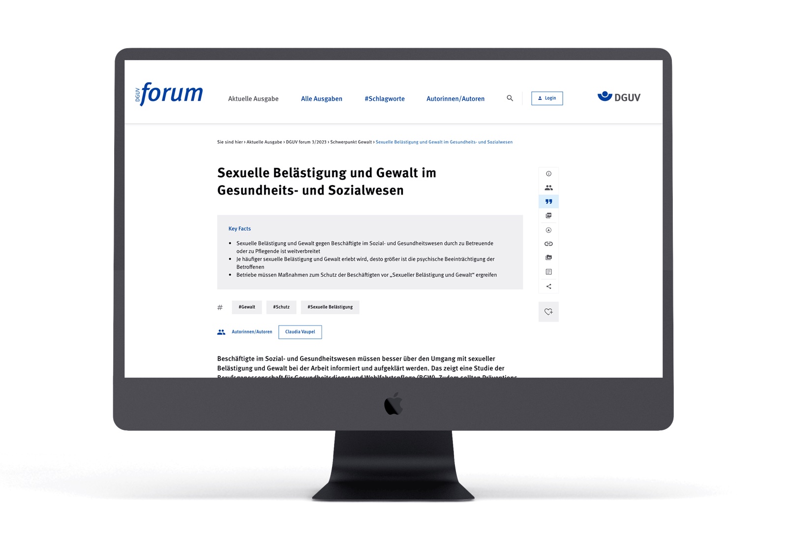 Artikelansicht des DGUV Forum auf einem iMac