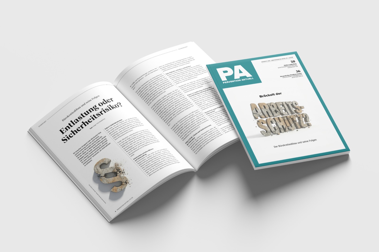 Prävention Aktuell 1/26: aufgeschlagene Doppelseite neben dem stehenden Heft