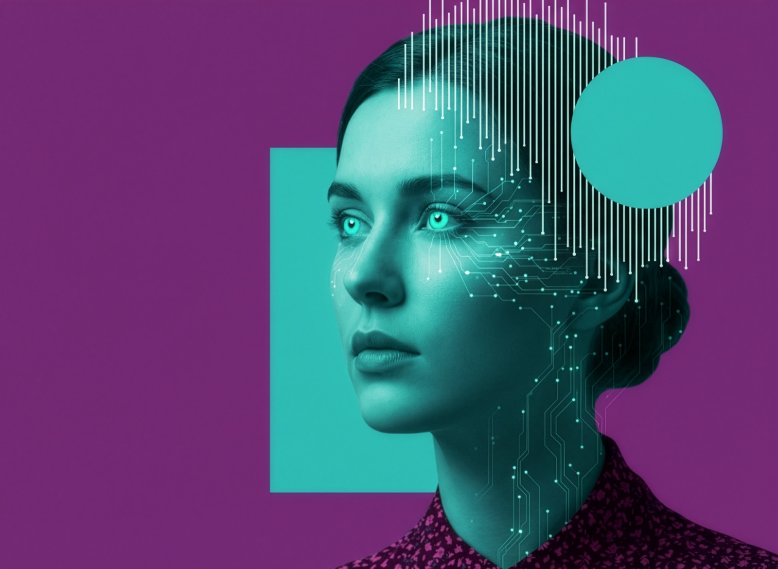 Illustration: Profil eines Gesichts aus digitalen Linien vor magentafarbenem Grund