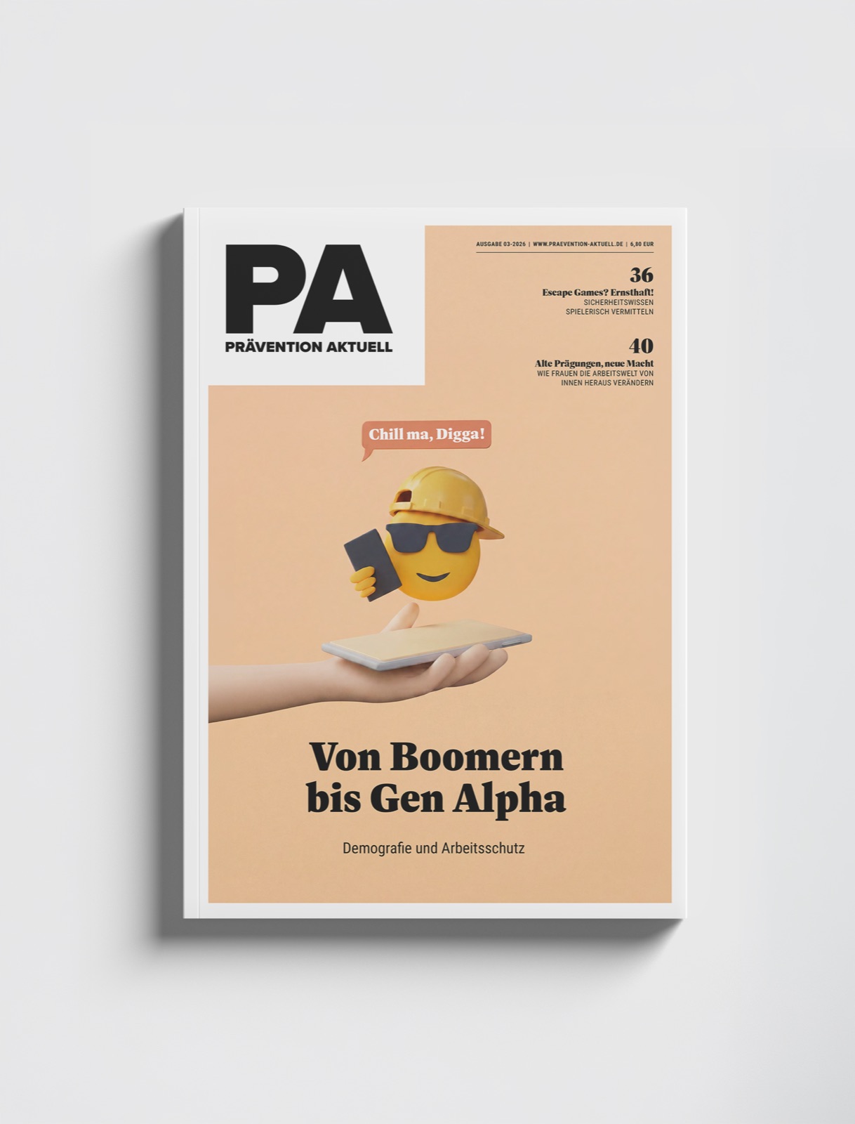 Prävention Aktuell, Ausgabe 3/26: Titelseite „Von Boomern bis Gen Alpha“ mit einem Emoji in Schutzhelm auf einer offenen Hand