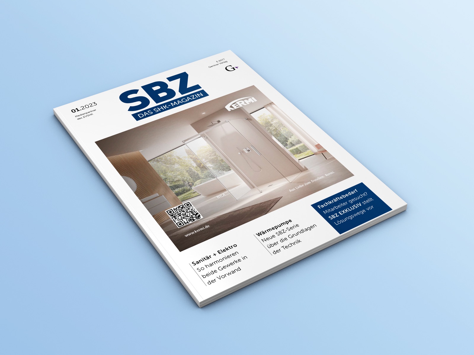 SBZ Magazin nach dem Relaunch: Ausgabe 01/2023 mit Kermi als Anzeigenkunden, angeschnitten liegend
